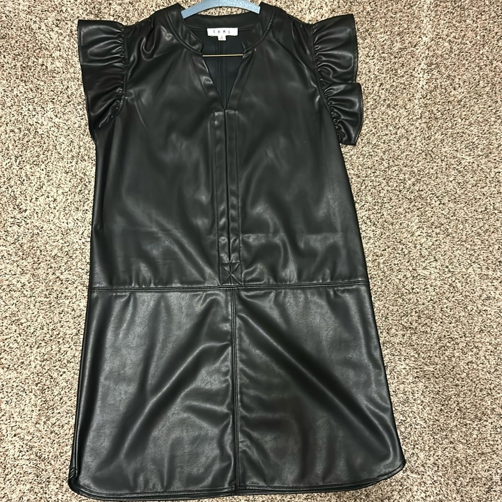 Brand new! faux black leather ruffle sleeved dress